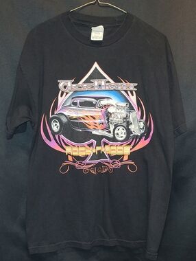 ACE High Rock N' Rods Black  Tee with Pink & Purple HOT ROD Car Art Vintage SZ L